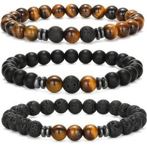 3 Pack Mens Beaded Bracelets Matte Lava Rock Volcanic Stone Beads Bracelet